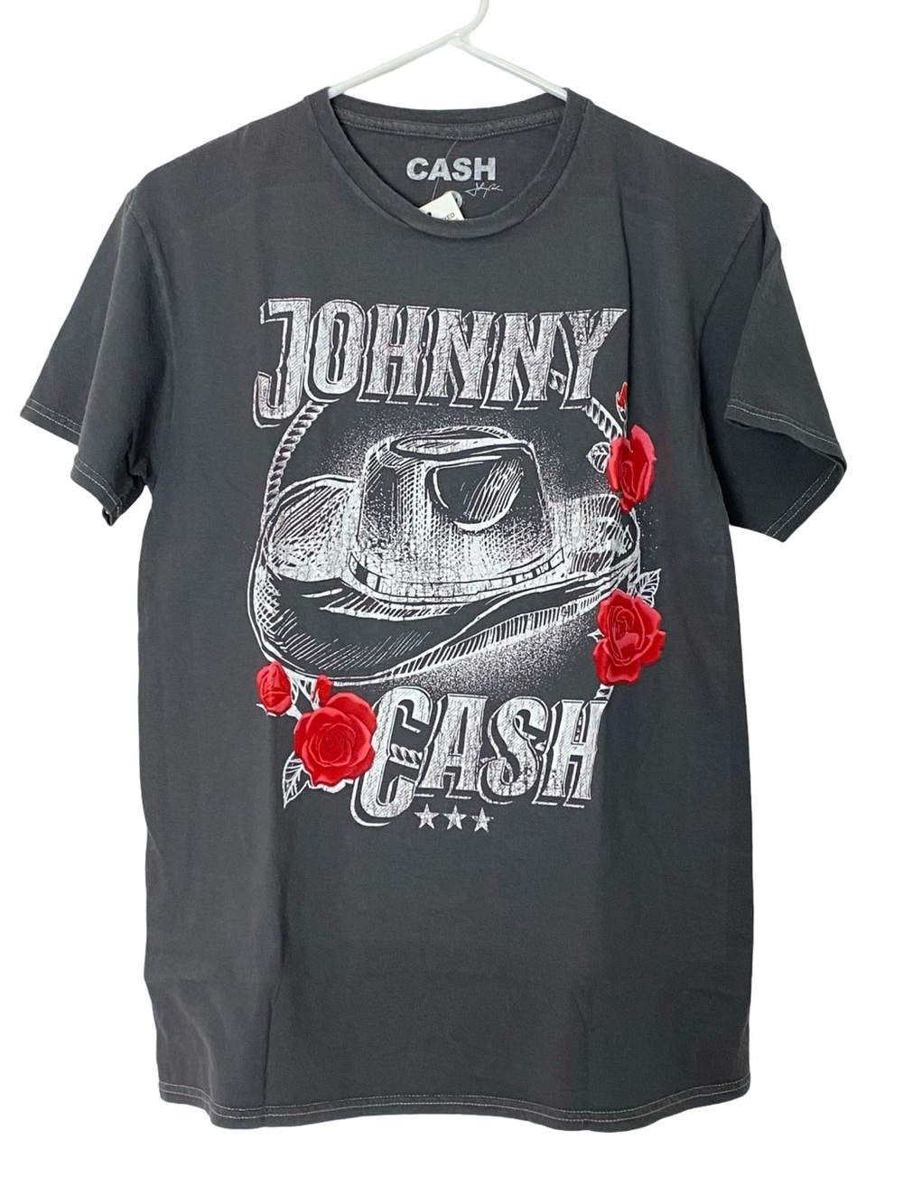 Johnny Cash Tee Tshirt Mens Size Small Unisex Hat Roses Gray Short Sleeve Crew